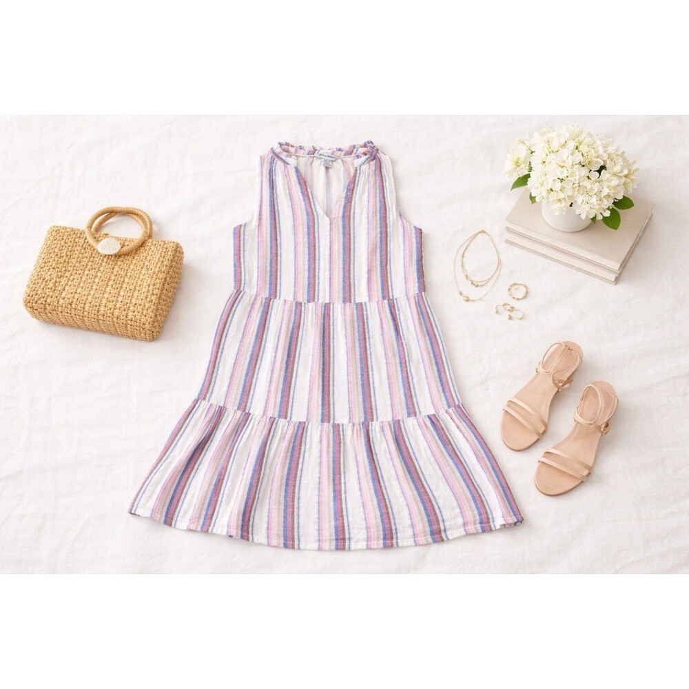 Tommy Bahama Linen Blend Tiered Dress Striped Sleeveless Knee Length Resortwear